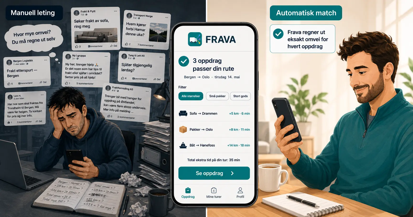Manuell leting på Facebook-grupper vs. Frava som automatisk matcher oppdrag på din rute med eksakt omvei i km og minutter